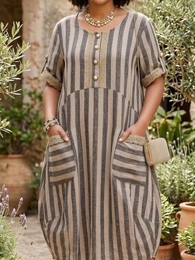 Casual Vertical Stripe Midi Dress in Beige and Black